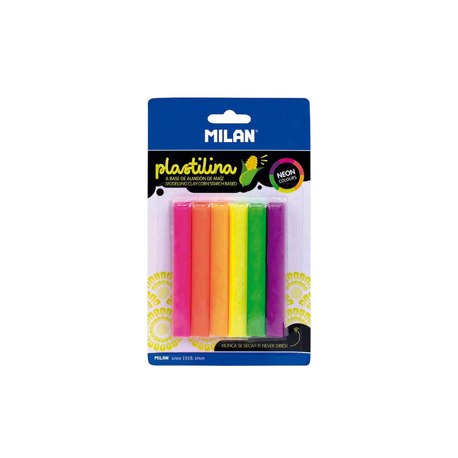 Blíster con 6 barritas de plastilina de colores de fluorescentes 70g milan Blíster con 6 barritas de plastilina de colores de fluorescentes 70g milan