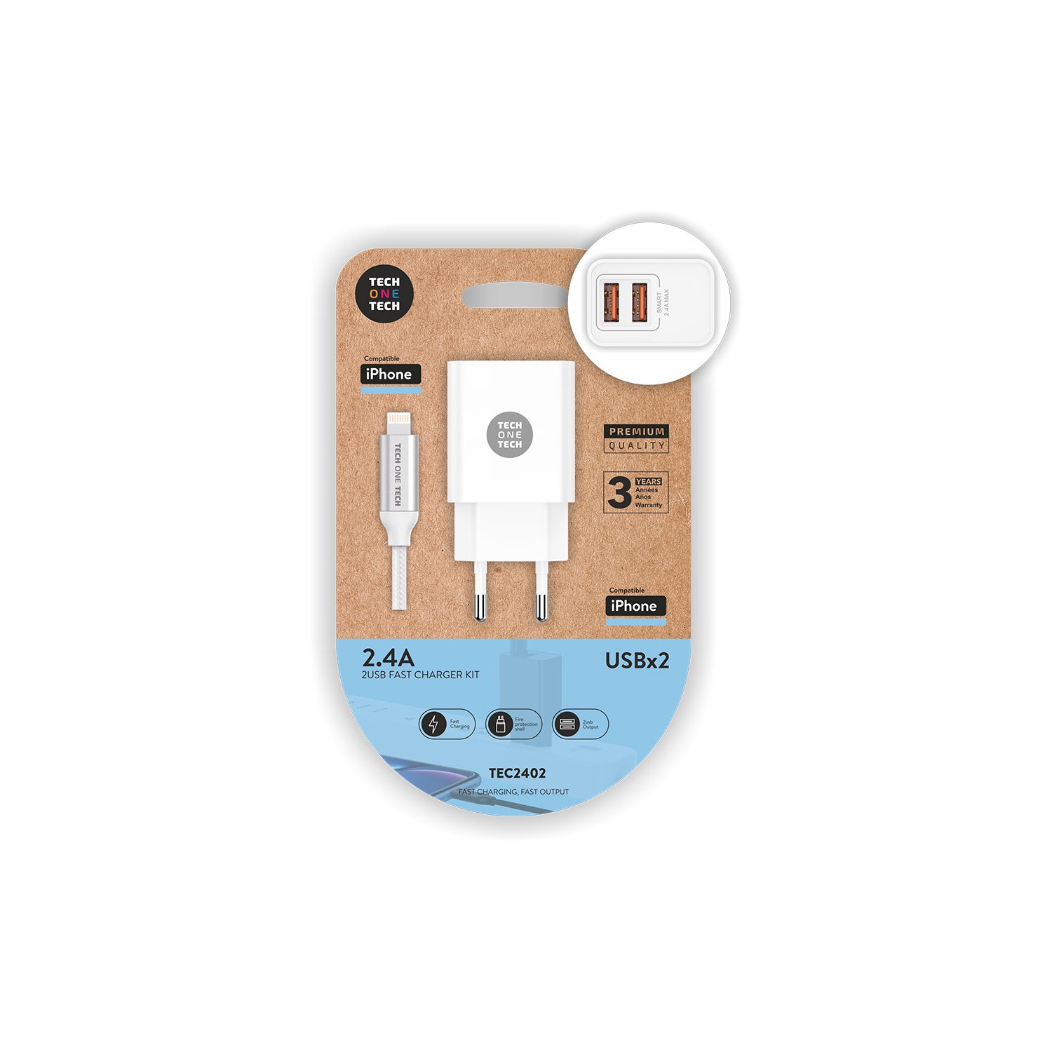 Cargador doble blanco+cable nylon lightn/apple 2,4 tech one tech Cargador doble blanco+cable nylon lightn/apple 2,4 tech one tech