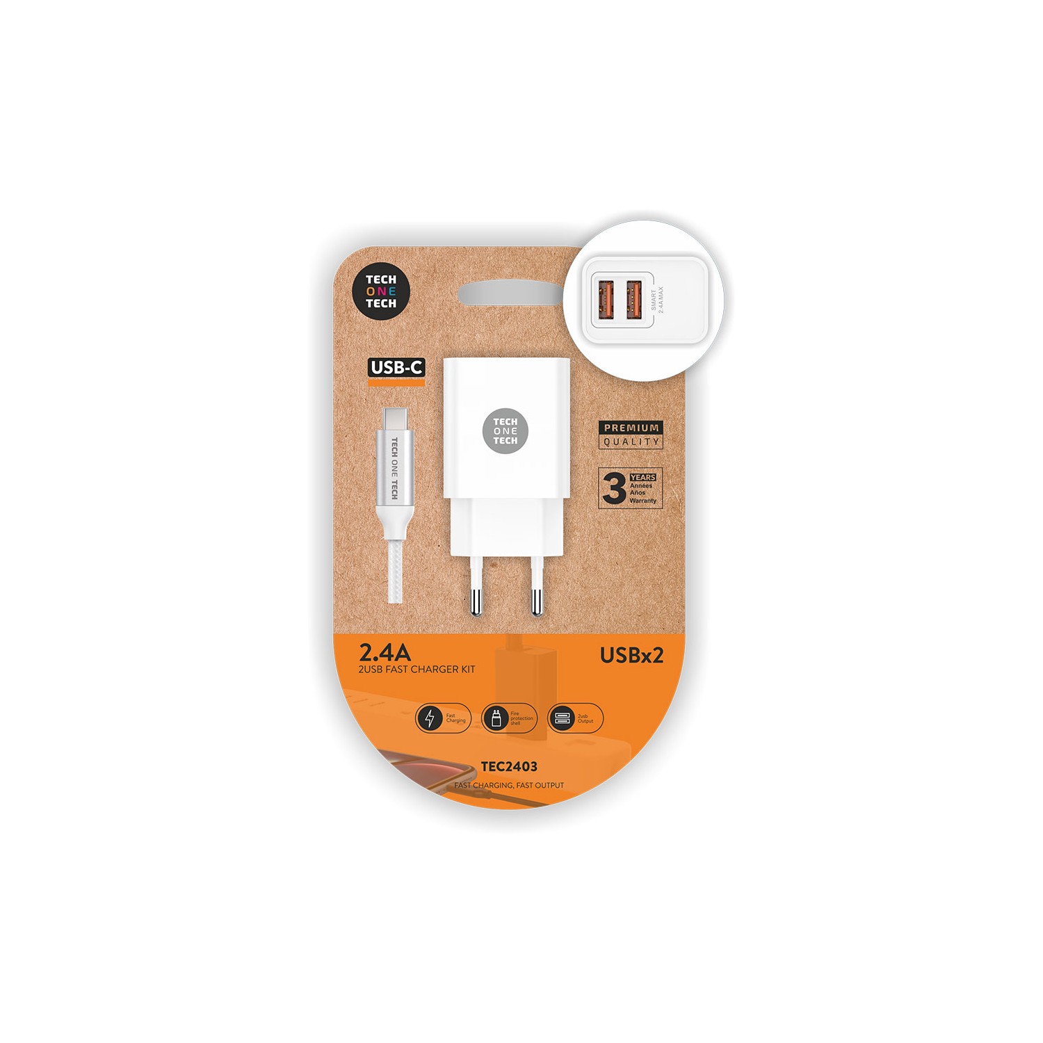 Cargador doble blanco+cable nylon usb-c 2,4a tech one tech Cargador doble blanco+cable nylon usb-c 2,4a tech one tech
