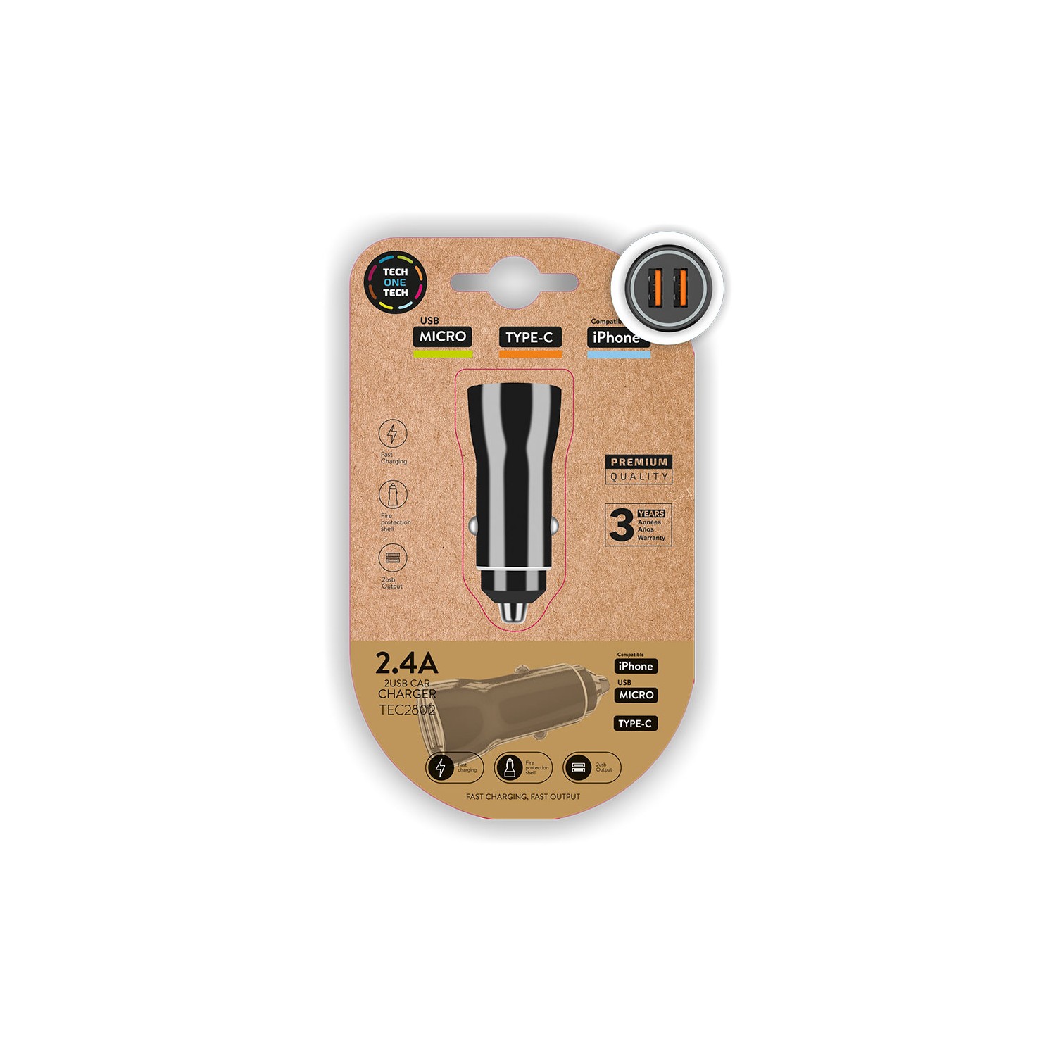 Cargador doble mechero coche negro 2,4a -12w tech one tech Cargador doble mechero coche negro 2,4a -12w tech one tech