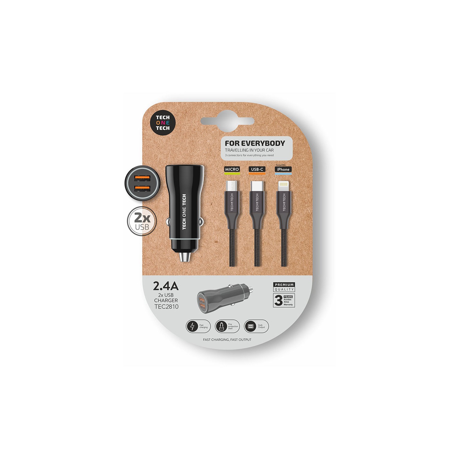 Cargador mechero negro 2xusb + cable triple nylon tech one tech Cargador mechero negro 2xusb + cable triple nylon tech one tech