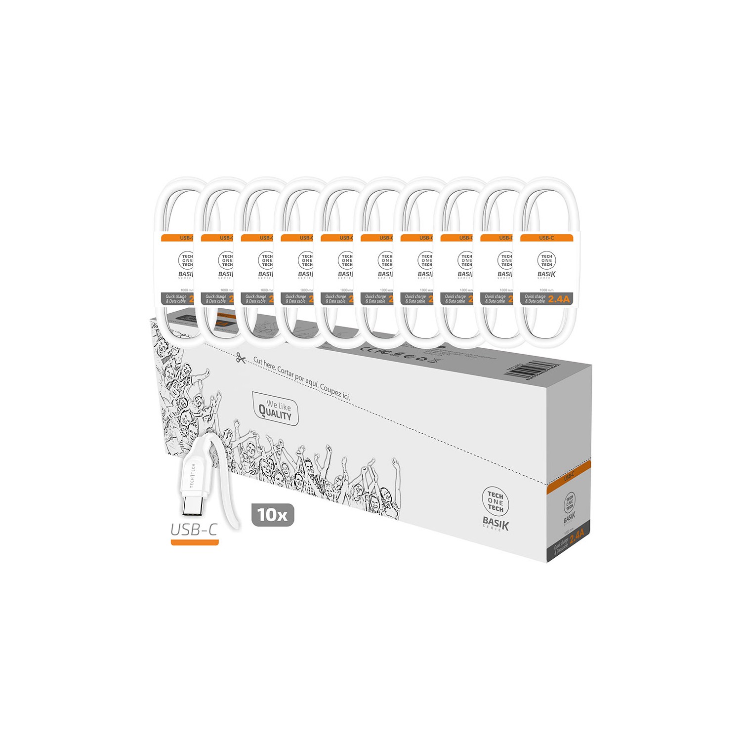 Pack ahorro 10 cables basik usb-c 2,4a blanco tech one tech Pack ahorro 10 cables basik usb-c 2,4a blanco tech one tech