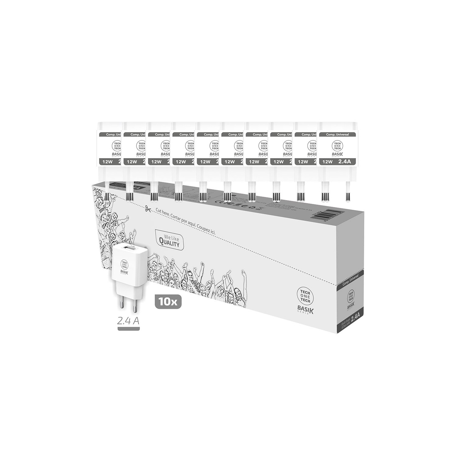 Pack ahorro 10 cargadores basik 2,4a blanc (usb-a) tech one tech Pack ahorro 10 cargadores basik 2,4a blanc (usb-a) tech one tech
