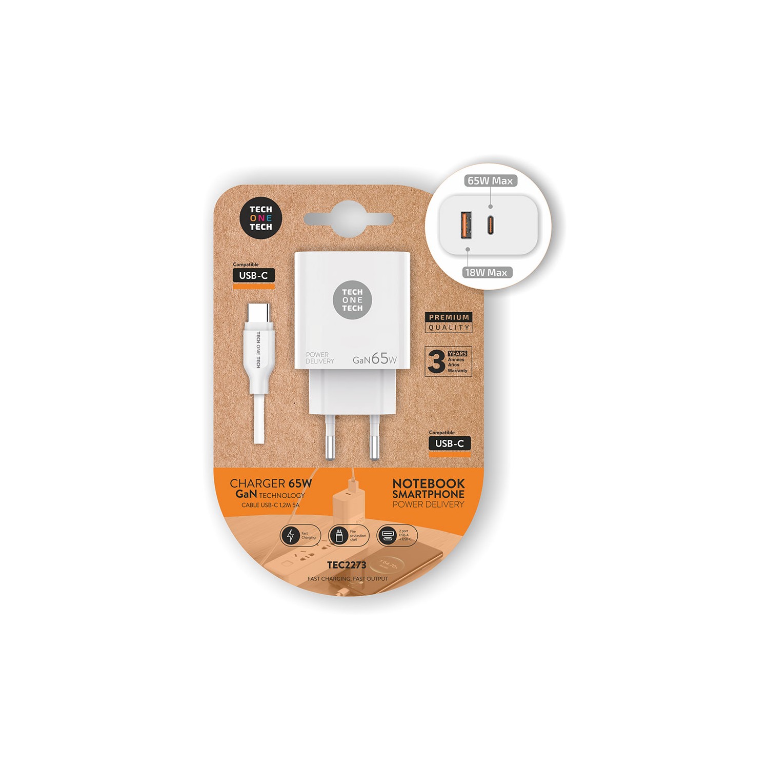 Cargador notebook/móvil 65w gan pd + cable 1,2m 5a tech one tech Cargador notebook/móvil 65w gan pd + cable 1,2m 5a tech one tech
